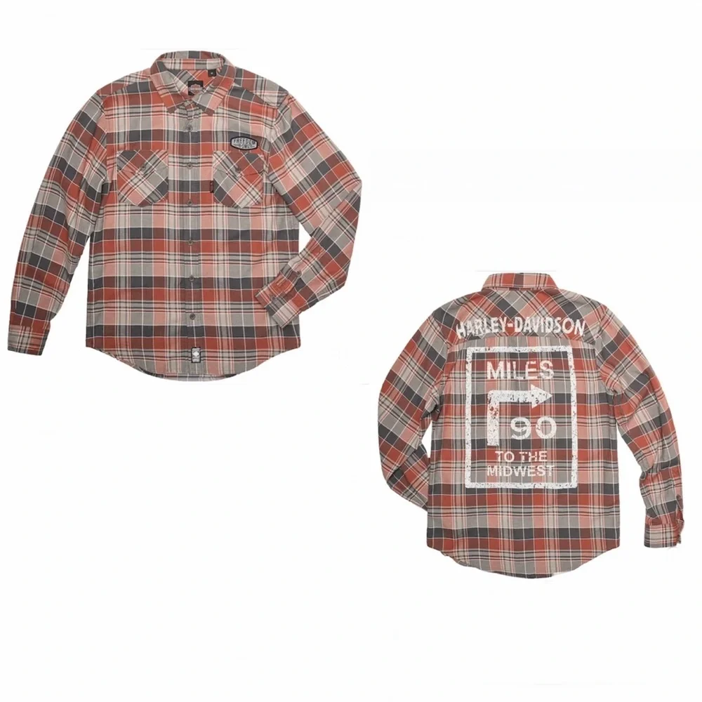 HARLEY-DAVIDSON Men’s Garage Collection Orange Plaid Slim Fit Shirt S - Picture 6 of 13